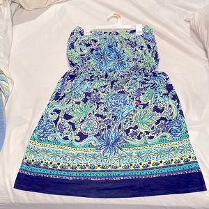 Lilly Pulitzer size small strapless blue palm tree print dress